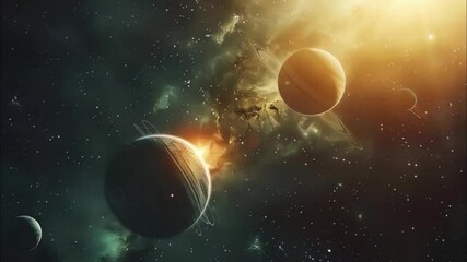 Planets gather in the solar system amidst glowing stars in a vibrant cosmic atmosphere