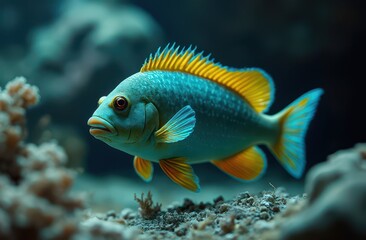 A bold Triggerfish darting between rocks, with bright turquoise and yellow markings Generative AI