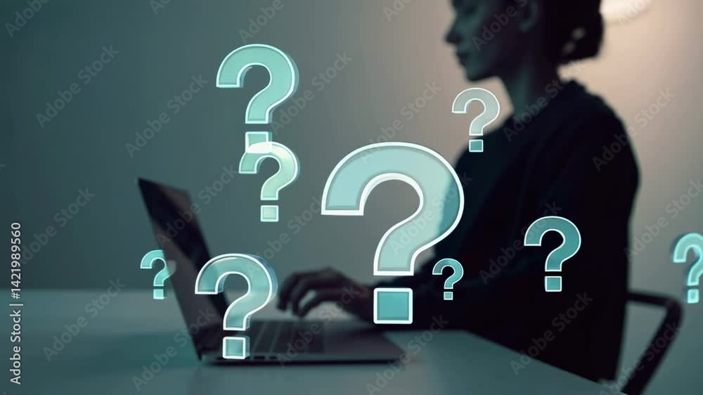 Poster Professional businesswoman working on laptop with floating question marks, visualizing uncertainty and complex decision making process in contemporary corporate environment