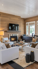 modern living room interior with white sofas and a wood-paneled wall featuring a fireplace
