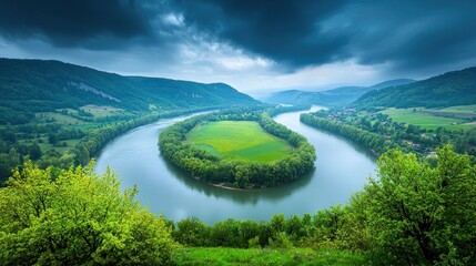 Fototapeta premium Majestic River Bend, Serene Landscape, Tranquil Nature Scene
