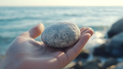 Seashore Serenity: A Smooth Stone Held in Hand, Ocean in the Background