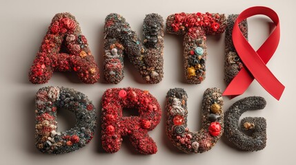 Creative Anti-Drug Concept with Textured Letters and Red Ribbon for Awareness Campaign