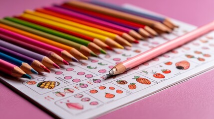 Naklejka premium Colorful Worksheet for Kindergarten Learning Activities with Crayons and Shapes