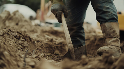 Construction Worker Digging with Shovel
