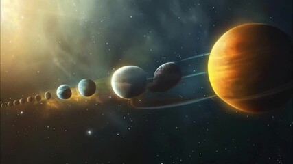 Planets gather in the solar system amidst glowing stars in a vibrant cosmic atmosphere