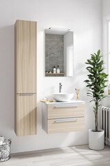 Fototapeta premium modern light wood bathroom vanity with white sink and minimalist