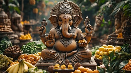 Fototapeta premium Hindu deity Ganesha statue amidst offerings.