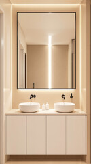 modern double vessel sink bathroom with calming beige walls and minimalist