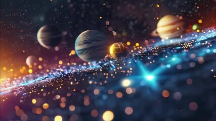 Planets gather in the solar system amidst glowing stars in a vibrant cosmic atmosphere