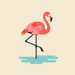 Fototapeta premium Flamingo standing on one leg in water flat design vector illustration with pink and blue colors