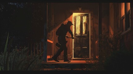 Mysterious figure approaching a house at night, illuminated doorway, suspenseful atmosphere