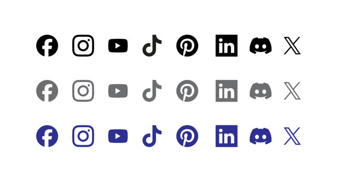Social Media logo Icons set Facebook, Instagram, YouTube, TikTok, Pinterest, LinkedIn, Discord, and X twitter