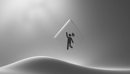 Person raising roof symbol in abstract desert landscape minimalist art black and white conceptual viewpoint on home and shelter