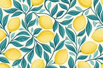 Gardinen Küche Muster  A vibrant lemon and teal leaf seamless pattern design.  © Mainul