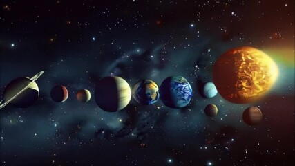 Planets gather in the solar system amidst glowing stars in a vibrant cosmic atmosphere