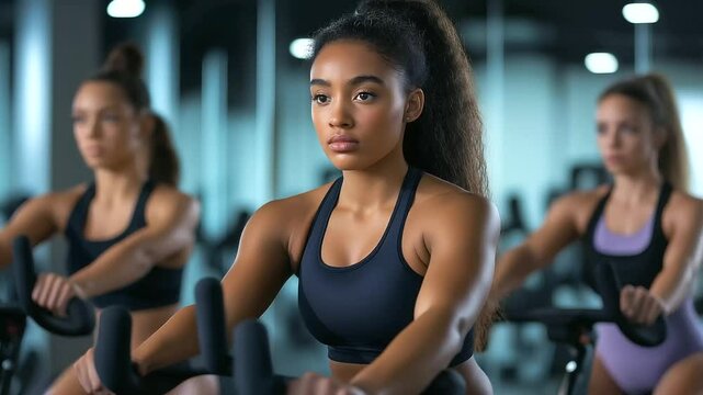 A group workout session in a sleek fitness center, where young women cycle intensely to the rhythm of energetic music. Their focused expressions and athletic movements radiate moti