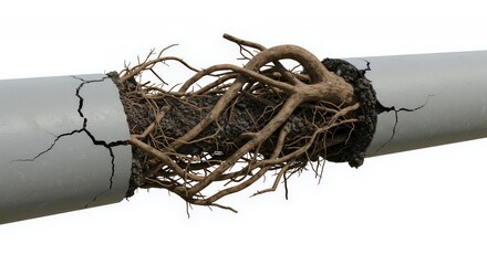 Broken Grey Pipe Clogged with Brown Roots Isolated on White