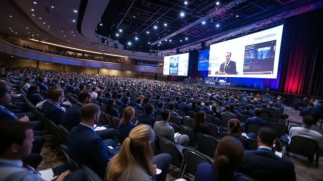 A large convention hall filled with medical professionals in uniforms, attentively listening to a doctor presenting vital healthcare insights on a stage with a large screen.