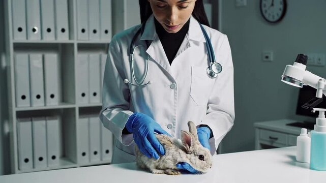 Veterinary professional in blue gloves and white coat conducting health checkup on brown and white rabbit during careful clinical examination