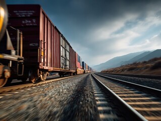 Obraz premium Dynamic freight train speeding through a mountain landscape, symbolizing transportation and logistics. Ideal for supply chain, shipping industry, and infrastructure projects.