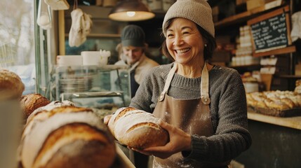 Smiling baker holding fresh bread in a cozy bakery setting.