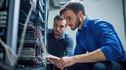 Technicians working on server equipment in a data center.