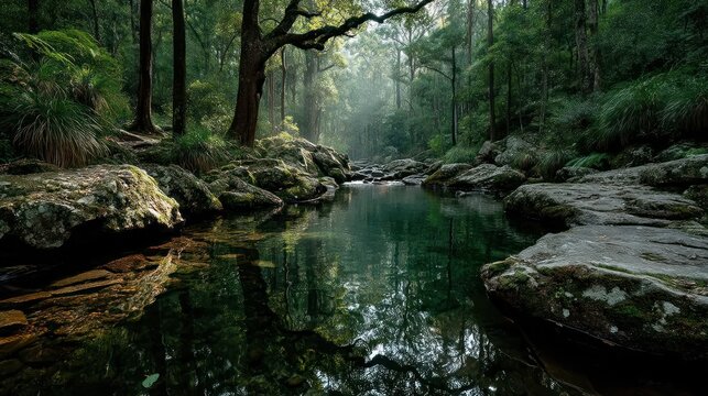 Misty forest stream reflection