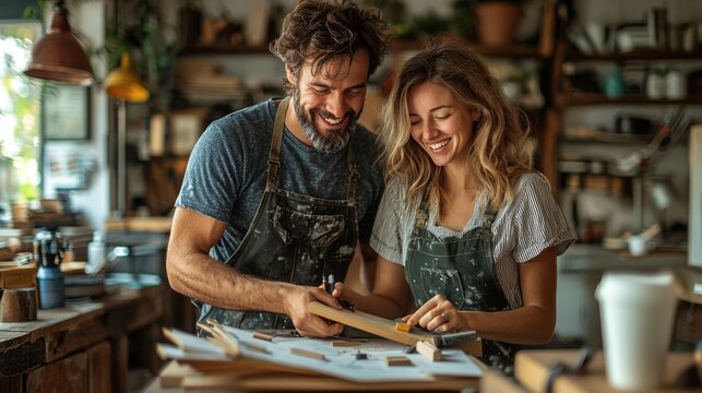 Creative couple collaborating in a cozy workspace.