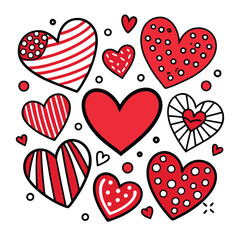 Red and Black Heart Patterns Clipart,
Cute Love Heart Design with Dots and Stripes,
Hand-Drawn Red Hearts with Decorative Patterns.