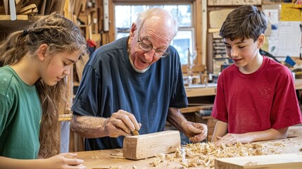 Three people engaged in woodworking, creating a collaborative atmosphere.