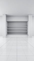 empty built-in shelving unit in minimalist white room