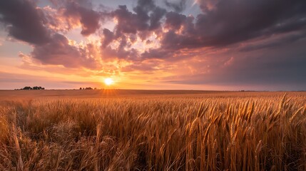 Obraz premium Golden wheat field glowing at sunset under dramatic clouds — a peaceful rural landscape