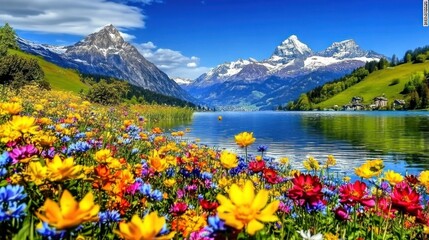 Alpine Lake Spring Bloom: A Serene Mountain Vista
