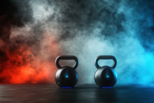 Kettlebells shine against a smoky blue and red backdrop in a fitness session