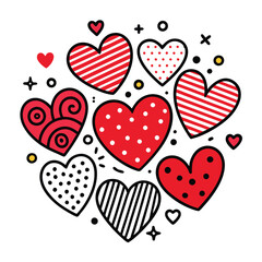 Red and Black Heart Patterns Clipart,
Cute Love Heart Design with Dots and Stripes,
Hand-Drawn Red Hearts with Decorative Patterns.