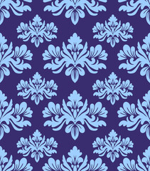 Fototapeta premium Damask seamless pattern with blue flowers, vintage design, vector illustration elegant for textile design, wall paper, bedding, curtains, cushion cover, upholstery fabric, scarf, rug, luxury design