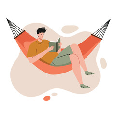 Obraz premium Man Relaxing in Orange Hammock Reading Book Leisure Activity Illustration Vector 