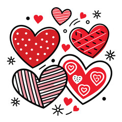 Red and Black Heart Patterns Clipart,
Cute Love Heart Design with Dots and Stripes,
Hand-Drawn Red Hearts with Decorative Patterns.