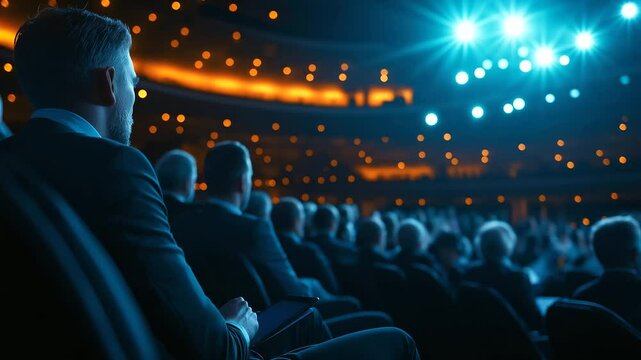 A well-organized medical conference with healthcare professionals seated in an auditorium, illuminated by bright lights as a speaker shares essential medical knowledge.