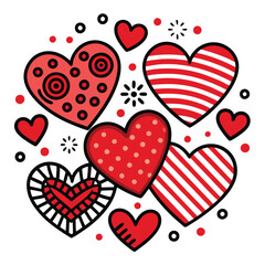 Red and Black Heart Patterns Clipart,
Cute Love Heart Design with Dots and Stripes,
Hand-Drawn Red Hearts with Decorative Patterns.