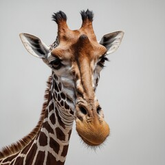 "A realistic giraffe standing calmly on a white background"