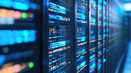 Naklejka premium Data servers illuminated with digital displays in a technology environment.