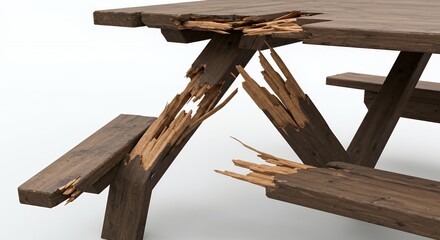 Closeup of Broken Wooden Picnic Table Leg on White Background