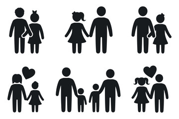 Family Relationships Depicted By Simple Icons Representing Couples And Parents Holding Childrens Hands Together In Black Silhouette