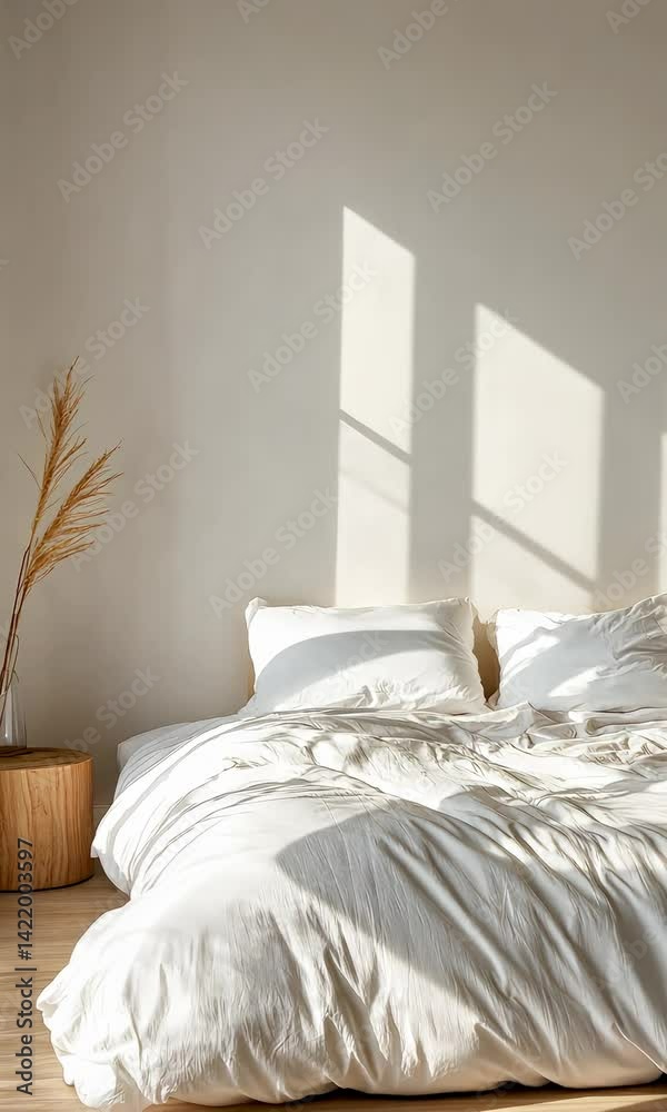 Aufkleber soft sunlight streaming through window, creating gentle moving shadows across pristine white bed wit