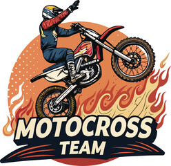 Energetic Motocross Rider Logo with Thrilling Stunt and Fiery Design