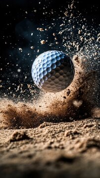Captivating moment of a golf ball striking the earth, creating a cloud of particles