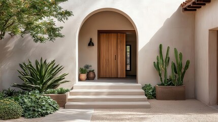Fototapeta premium Warmtoned bohemian adobe house with curved archways, rustic textures, and lush desert landscaping