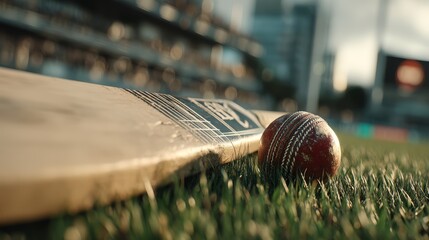 Close-Up View of Cricket Bat and Ball on Lush Green Grass Field During Sunset